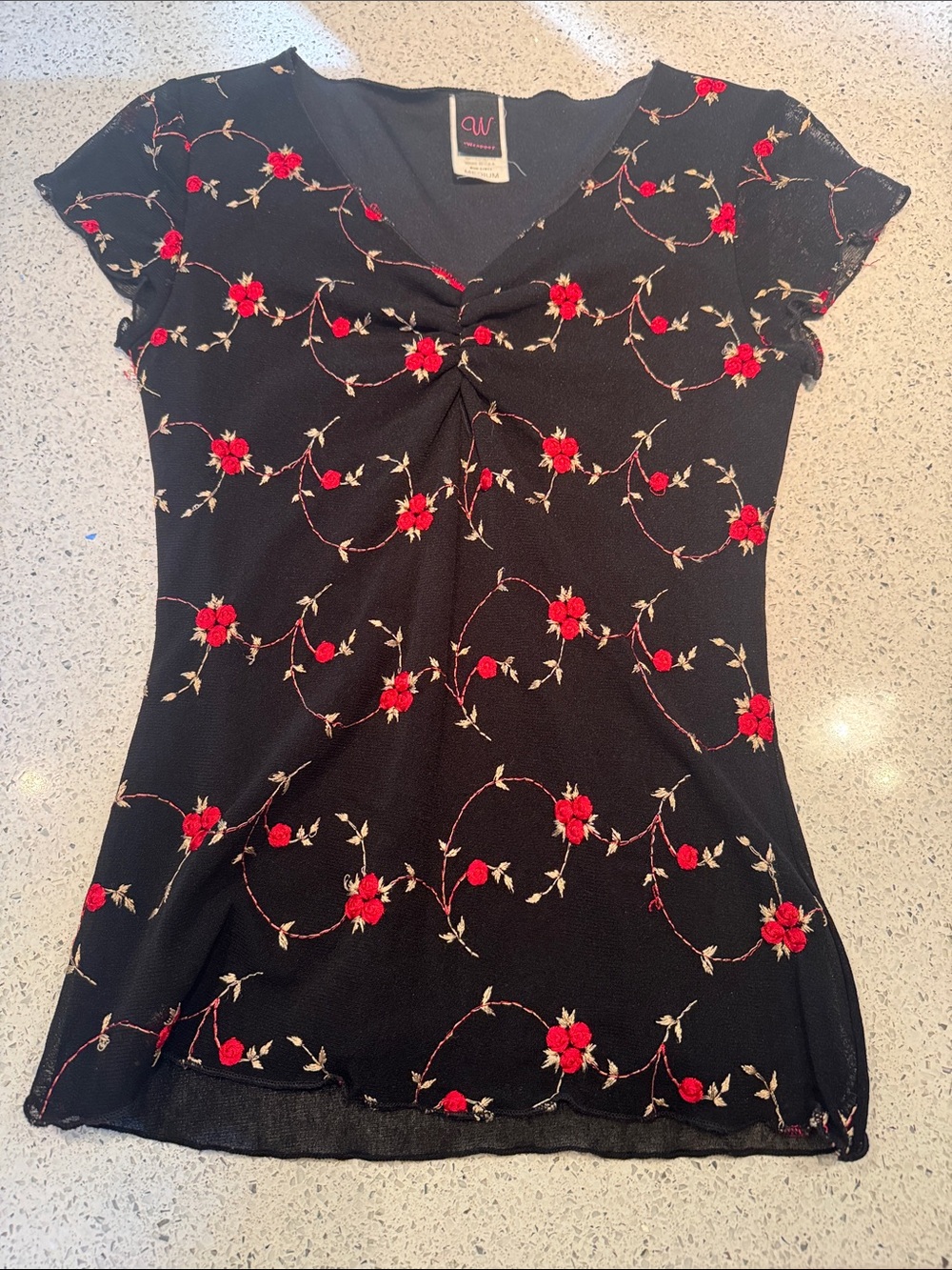 Wrapper Black with Red Roses Embroidered V-Neck Top